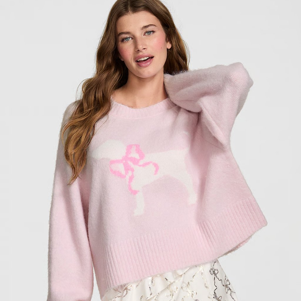 Victoria's Secret Pink X Loveshackfancy Boxy Puppy Pink Crewneck Sweater Nwt